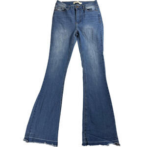 Vintage Flare Jeans Womens Size 9 Blue Bootcut Raw Hem Stretch Denim 90s Y2K Fit